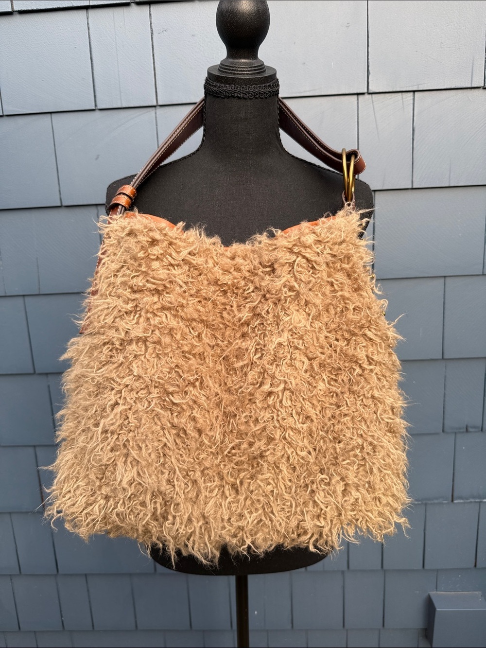 Eric Javits Tan Faux-Shearling Shoulder Bag with Brown Leather Strap bucket
